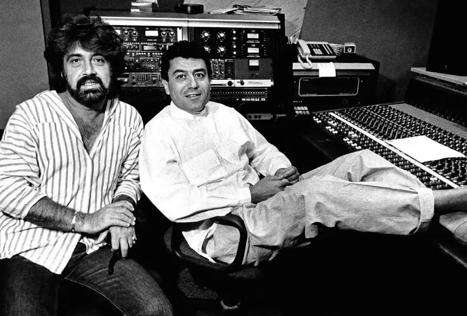 Shuki Levy and Haim Saban in their Studio City sound studio, 1986